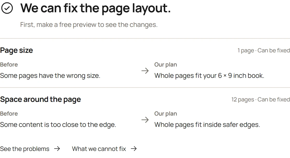 I built a KDP PDF checker that shows a repair before asking for payment